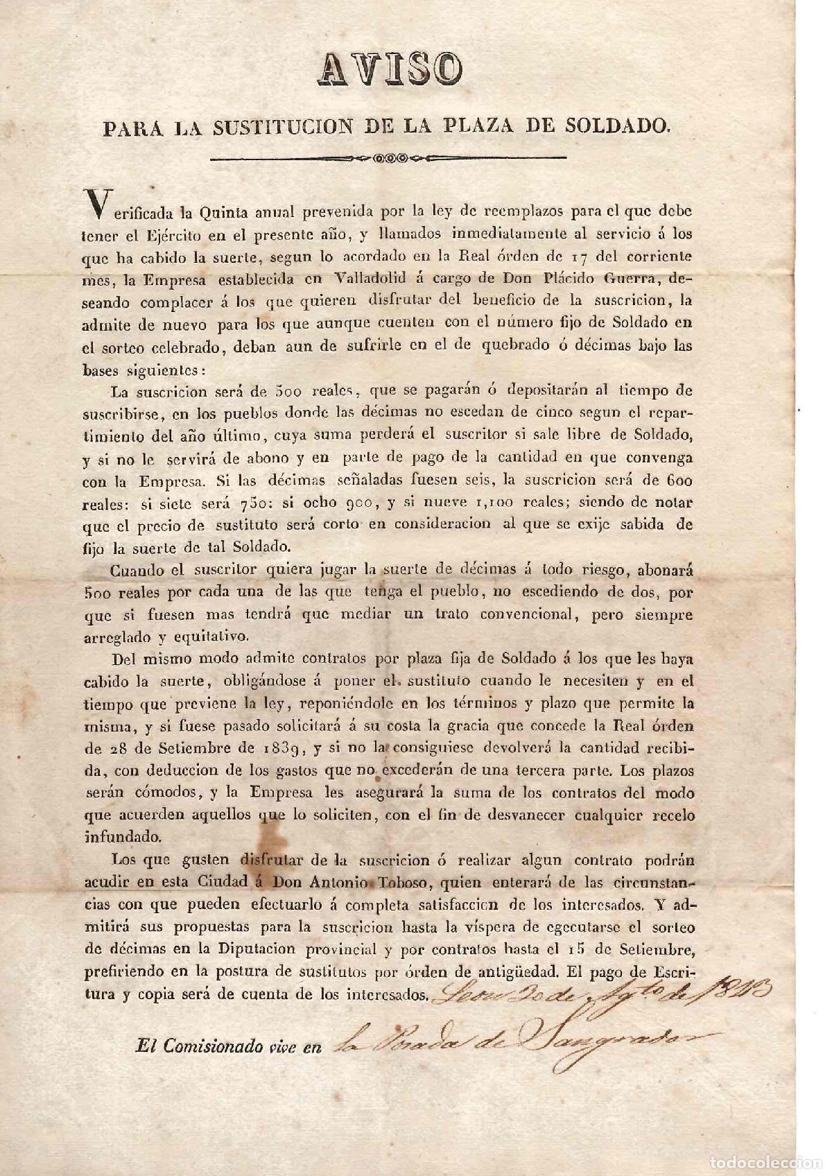 Documentos antiguos: AVISO PARA LA SUSTITUCION DE LA PLAZA DE SOLDADO. LEON, 30 DE AGOSTO DE 1813