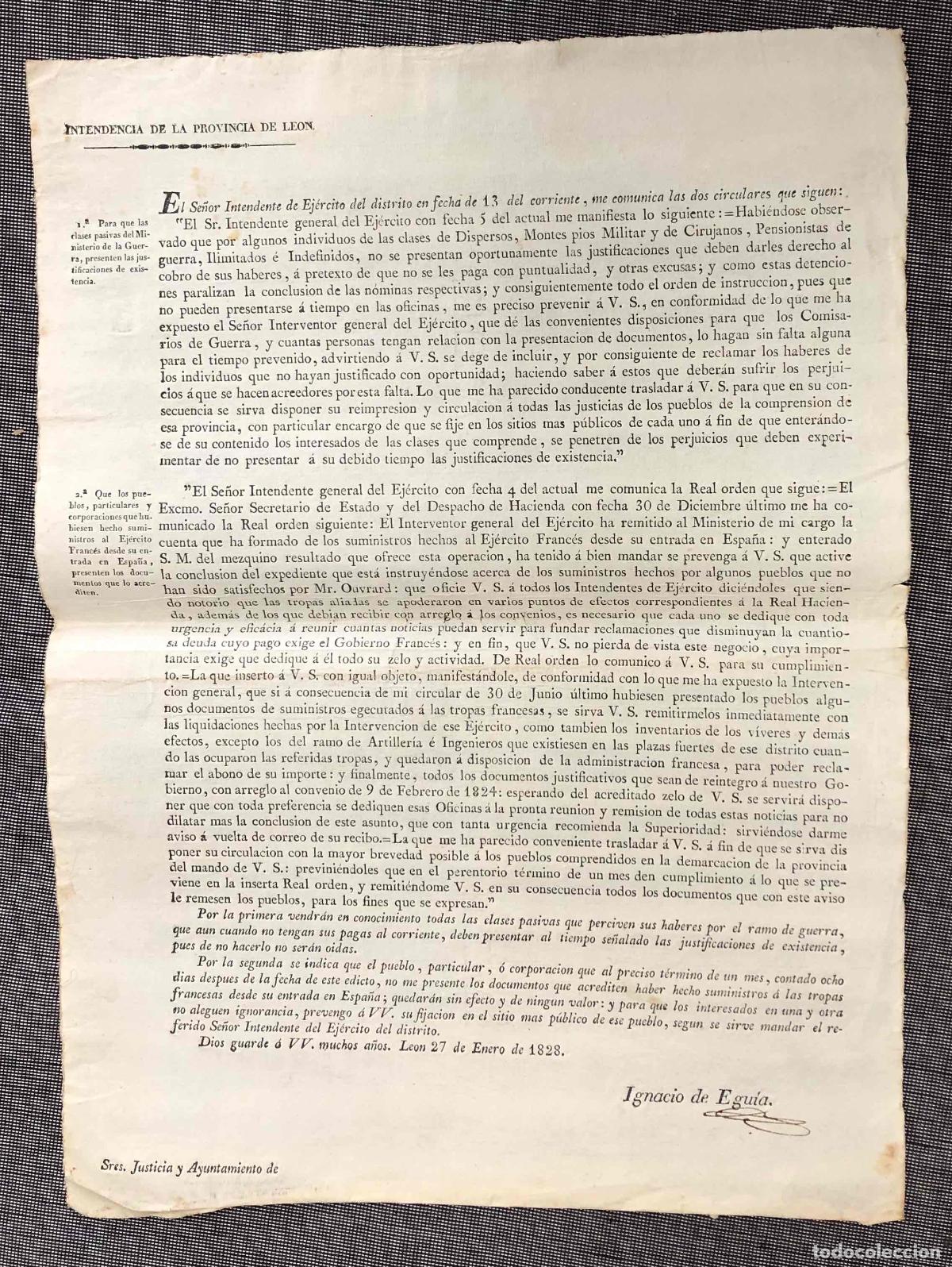 Documentos antiguos: BANDO INTENDENCIA LEON PARA PRESENTAR DOCUMENTOS DE SUMINISTROS AL EJERCITO FRANCES 1828