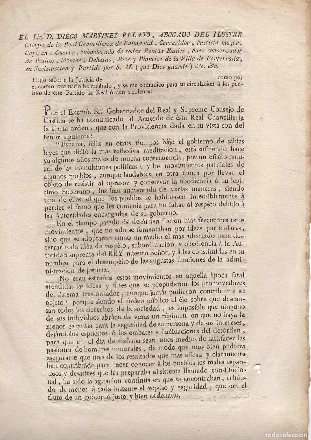 Documentos antiguos: PONFERRADA. CIRCULAR PATRIOTICA CONTRA CONVULSIONES POLITICAS, ENEMIGOS DE DIOS Y EL REY 1824