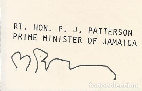 Documentos antiguos: Percival James Patterson. Primer ministro Jamaica (1992-2006). Papel firma impresa. 4,5x6 cm.