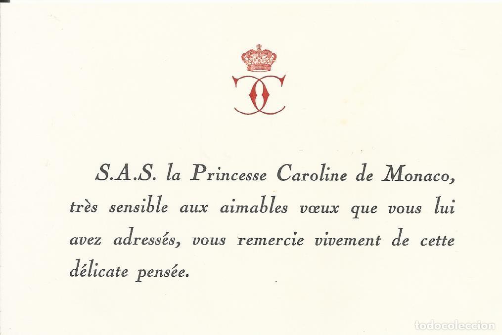 Documentos antiguos: Princesa Carolina de M&oacute;naco. Tarjeta papel. 1996. 8,5x12,5 cm. Leve p&eacute;rdida trasera.