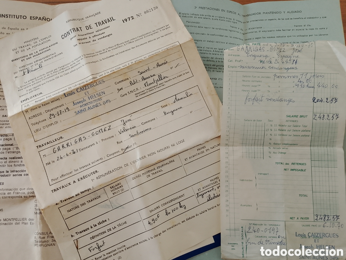 Documentos antiguos: Lote documentaci&oacute;n espa&ntilde;ola para ir a la vendimia a trabajar a&ntilde;os 70