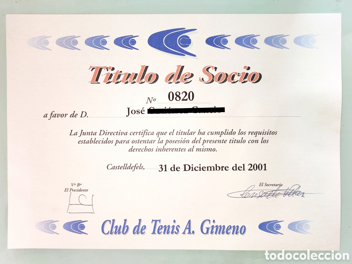 Documentos antiguos: T&iacute;tulo de socio Club de Tenis A. Gimeno, Castelldefels, 2001