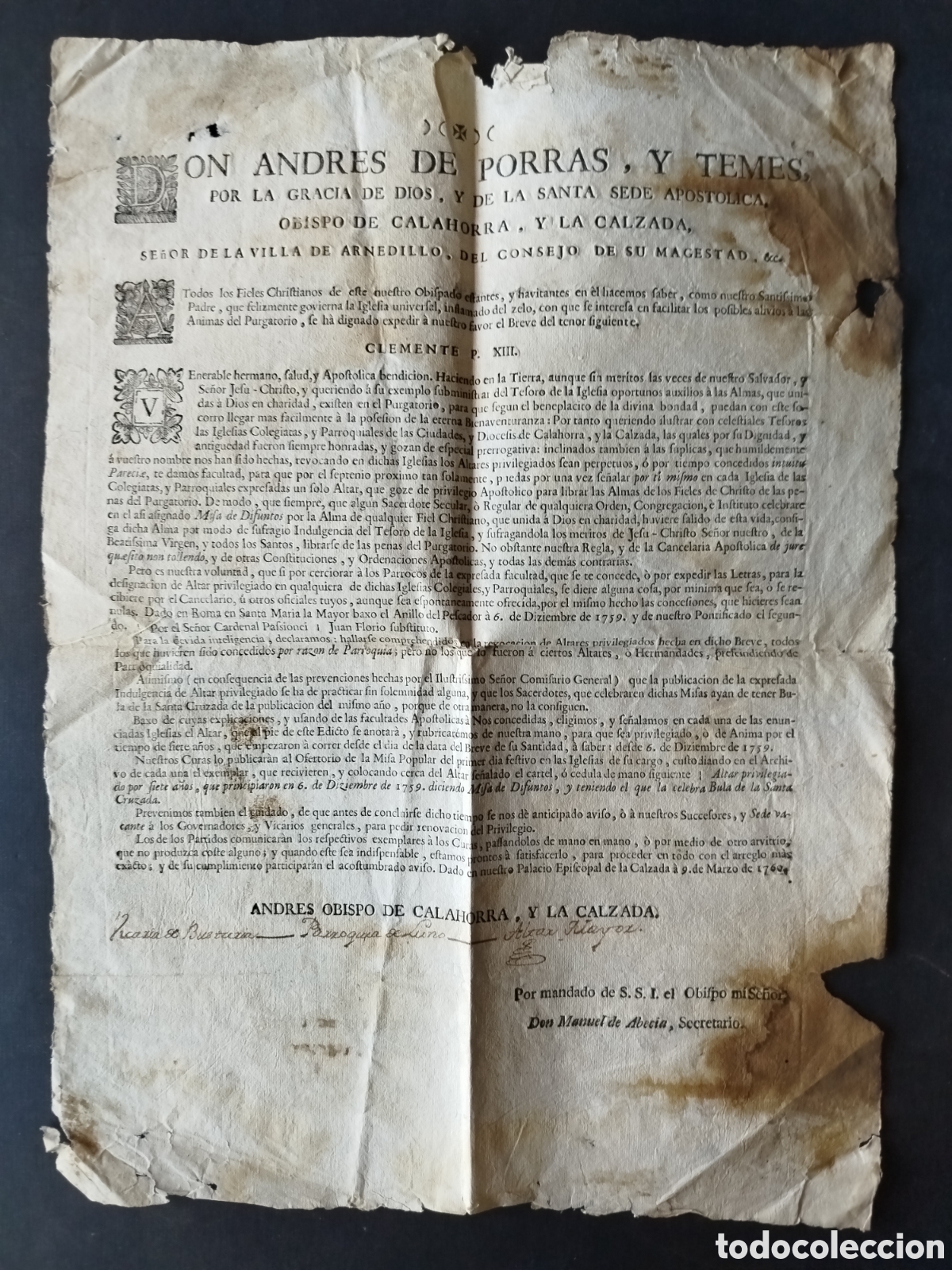 Documentos antiguos: Decreto de la Sagrada Congregaci&oacute;n de Indulgencias de la Iglesia Cat&oacute;lica emitido en 1759.