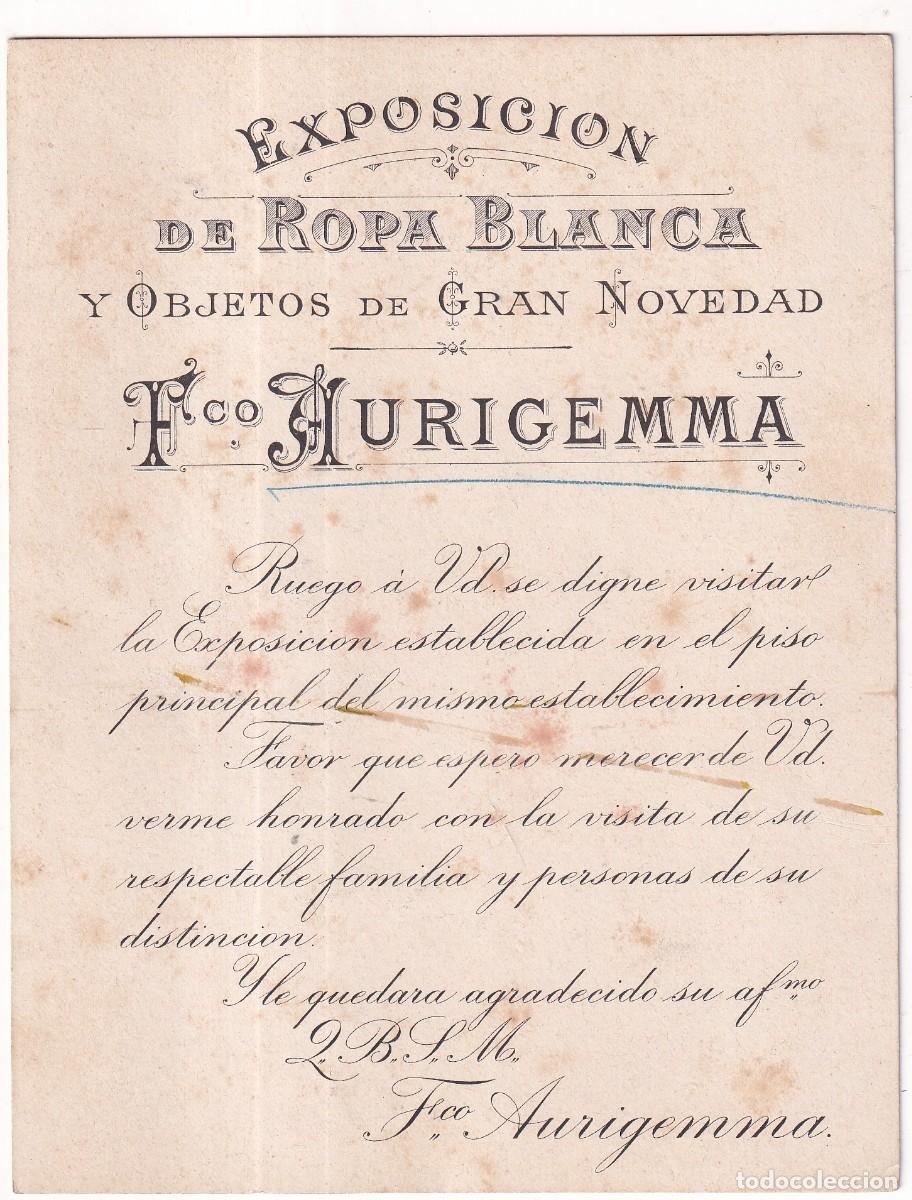 Documentos antiguos: Tarjet&oacute;n publicidad Francisco Aurigemma. Barcelona. F&aacute;brica de lienzos en Vich. Ropa blanca.