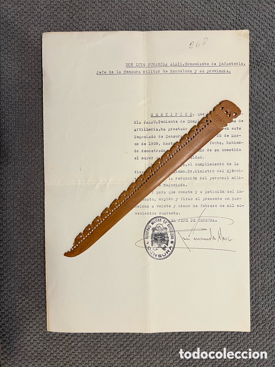 Documentos antiguos: BARCELONA. Negociado de Censura. Gobierno Militar de Barcelona. Certificado.. (a.1940)