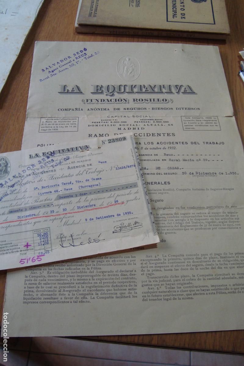 Documentos antiguos: POLIZA COMPA&Ntilde;IA SEGUROS LA EQUITATIVA 1935. ENRIQUETA TORN&Eacute; - SALVADOR SED&Oacute; AGENTE. REUS