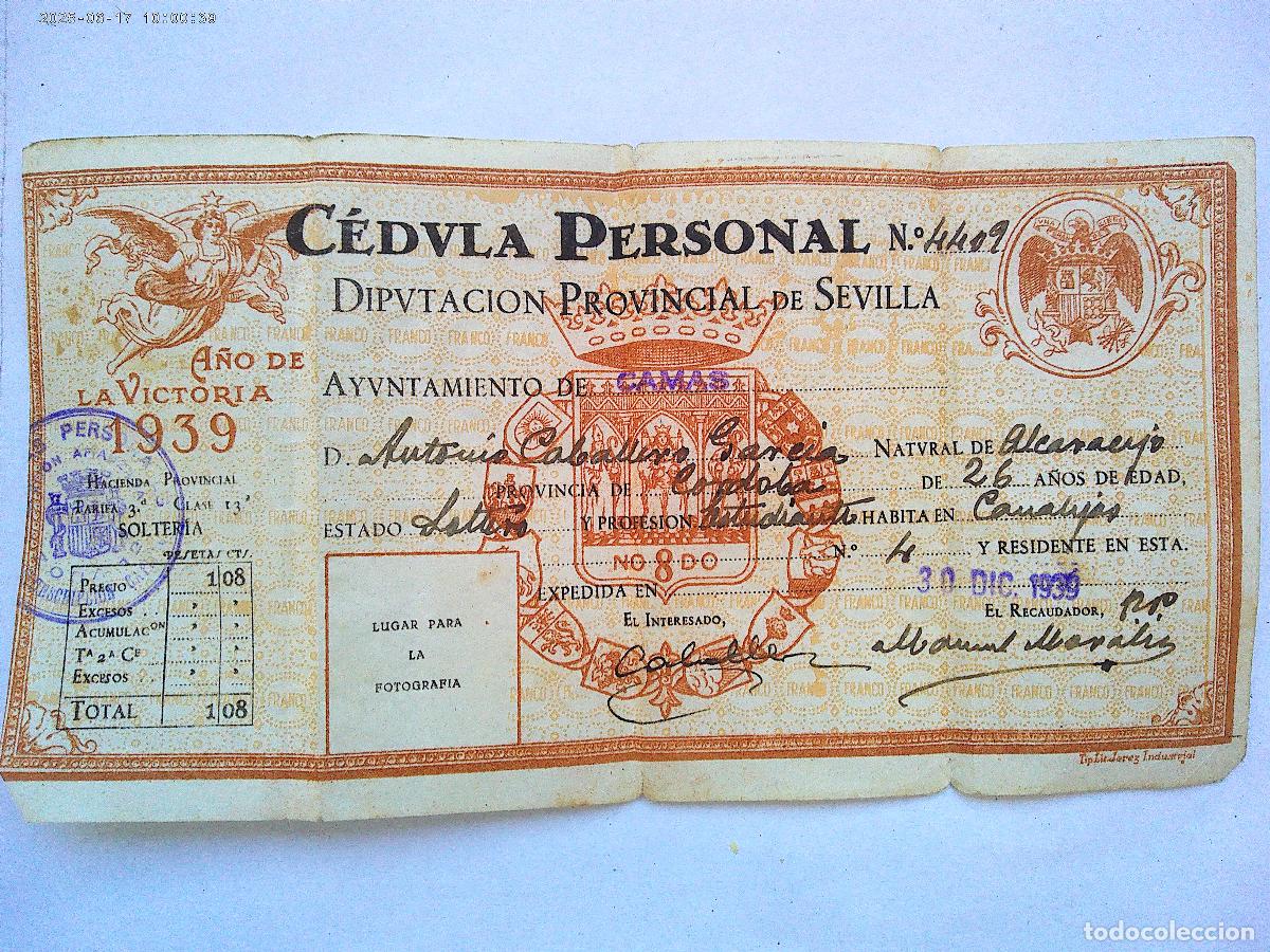 Documentos antiguos: POSTGUERRA CIVIL: CEDULA PERSONAL SE&Ntilde;OR DE ALCAZAREJOS ( CORDOBA ). SEVILLA 1939, ESCUDO REPUBLICA