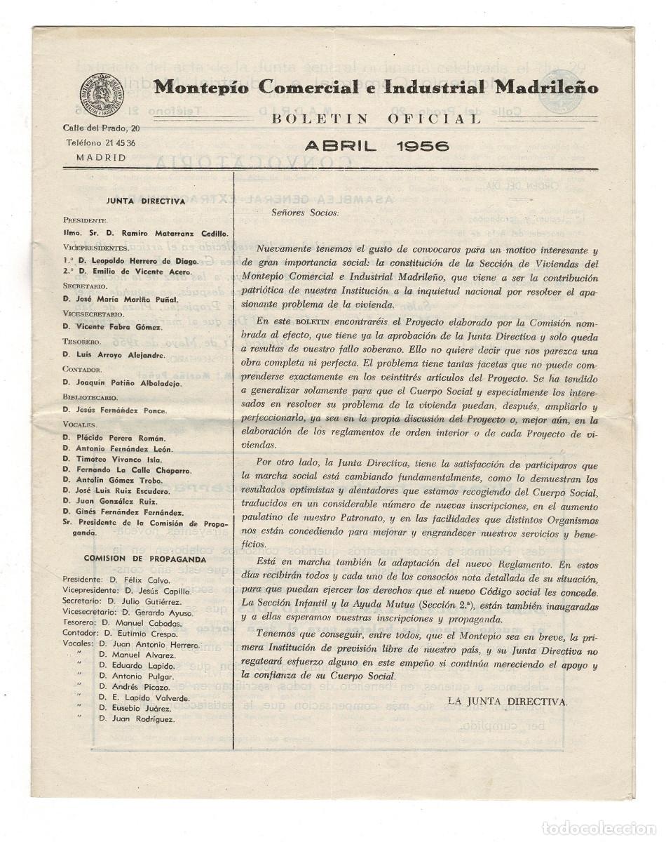 Documentos antiguos: MONTEP&Iacute;O COMERCIAL E INDUSTRIAL MADRILE&Ntilde;O 1956 COMISI&Oacute;N SECCI&Oacute;N DE VIVIENDAS, SECCI&Oacute;N INFANTIL.