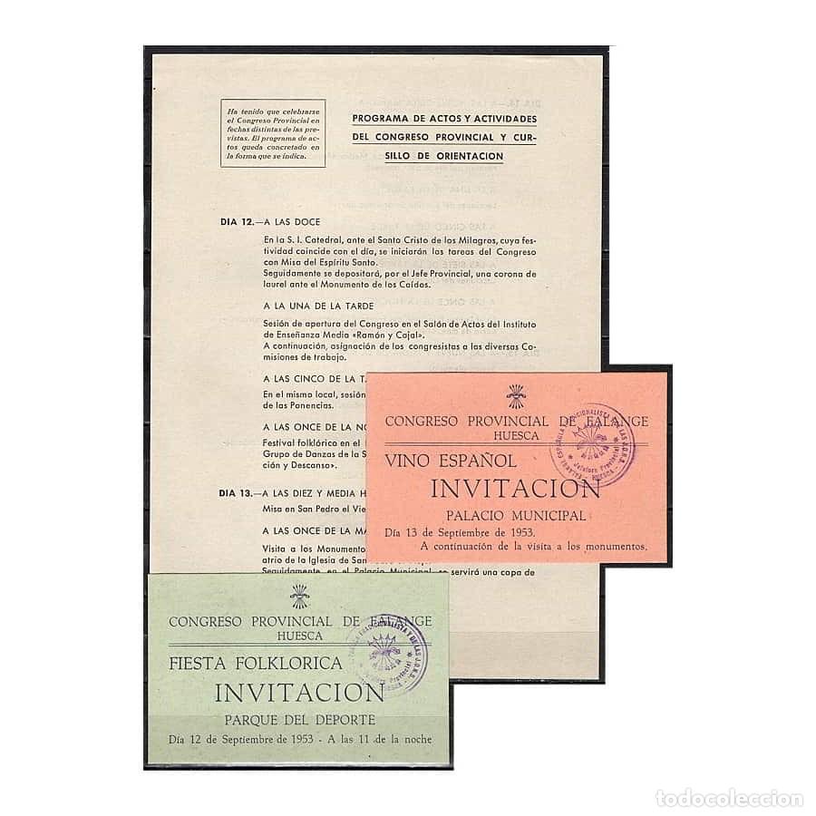 Documentos antiguos: Espa&ntilde;a 1953 [LSB] Programa de actos y 2 invitaciones. Congreso Provincial. Huesca (N)