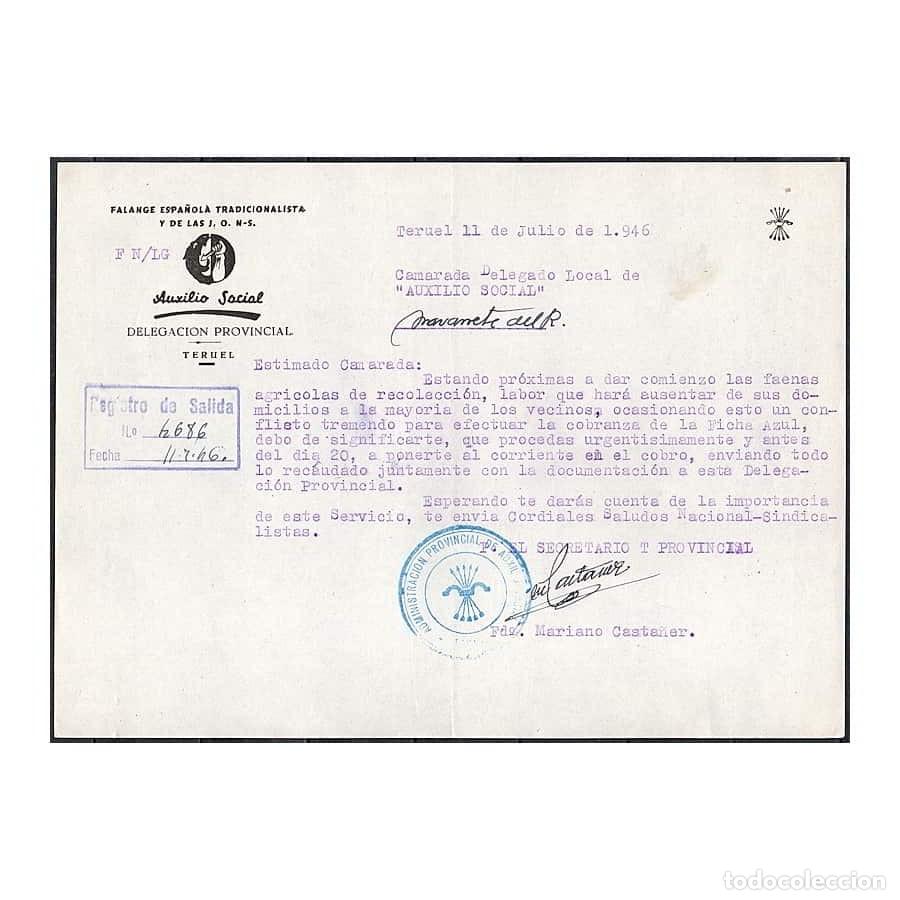 Documentos antiguos: Espa&ntilde;a 1946 [DOC] Carta Auxilio Social Teruel. Navarrete del R&iacute;o (N)