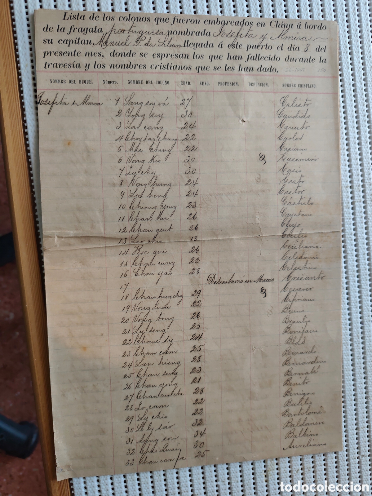 Documentos antiguos: 26-1042 LISTA DE COLONOS ASIATICOS EMBARCADOS EN CHINA.