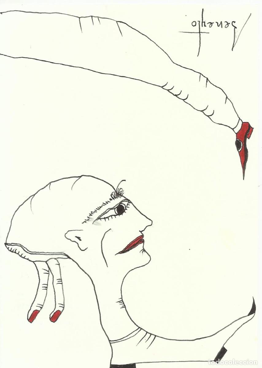 Documentos antiguos: Antonio Beneyto. Dibujo a tinta y color sobre papel. Surrealismo. Firmado a mano. 17,5x12,5 cm.