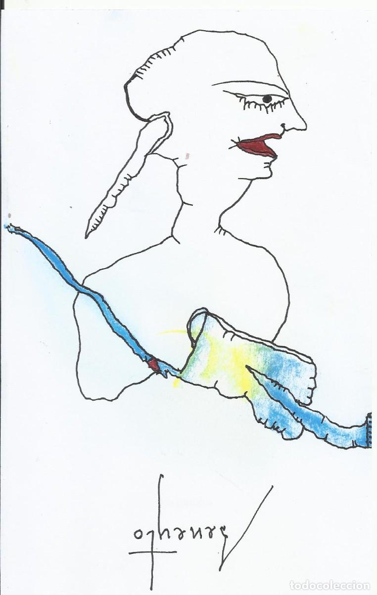 Documentos antiguos: Antonio Beneyto. Dibujo a tinta y color sobre papel. Surrealismo. Firmado a mano. 19x12 cm.