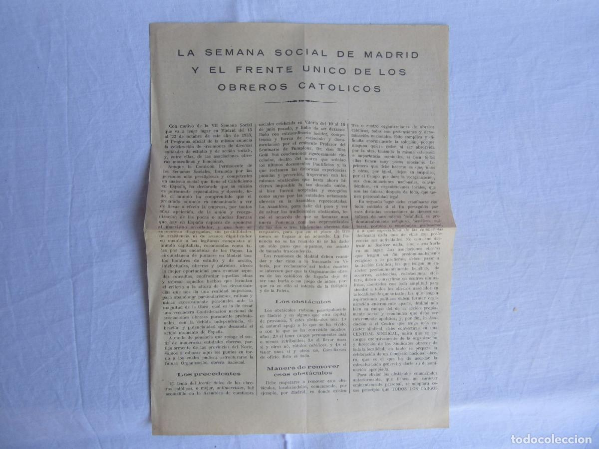 Documentos antiguos: Manifiesto sobre La Semana Social de Madrid. Frente Obreros Cat&oacute;licos. Pamplona. II Rep&uacute;blica. 1933.