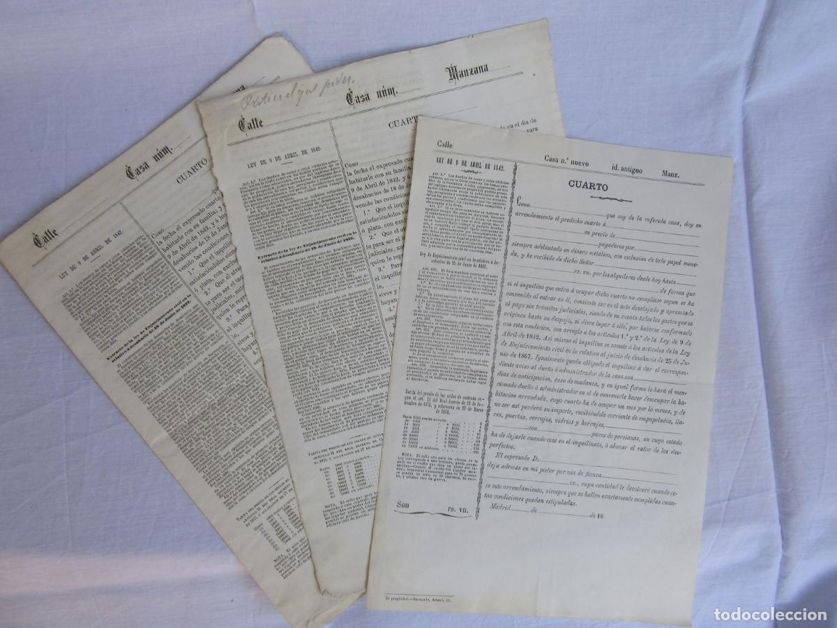 Documentos antiguos: Tres contratos de arrendamiento en blanco para un cuarto o una habitaci&oacute;n. Madrid. Siglo XIX.