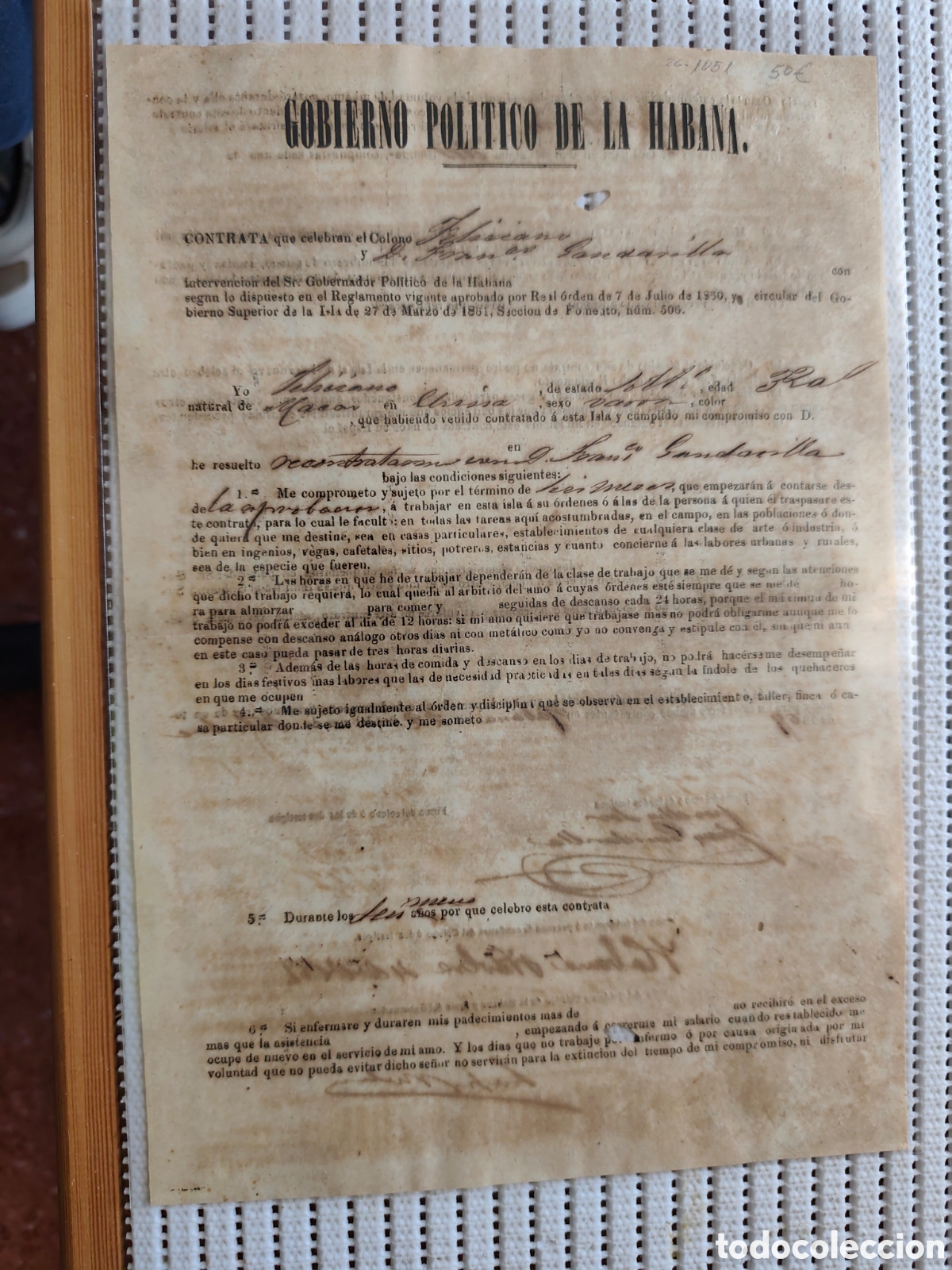 Documentos antiguos: 26-1051 CONTRATA DEL COLONO ASI&Aacute;TICO FELICIANO Y D.FRANCISCO.