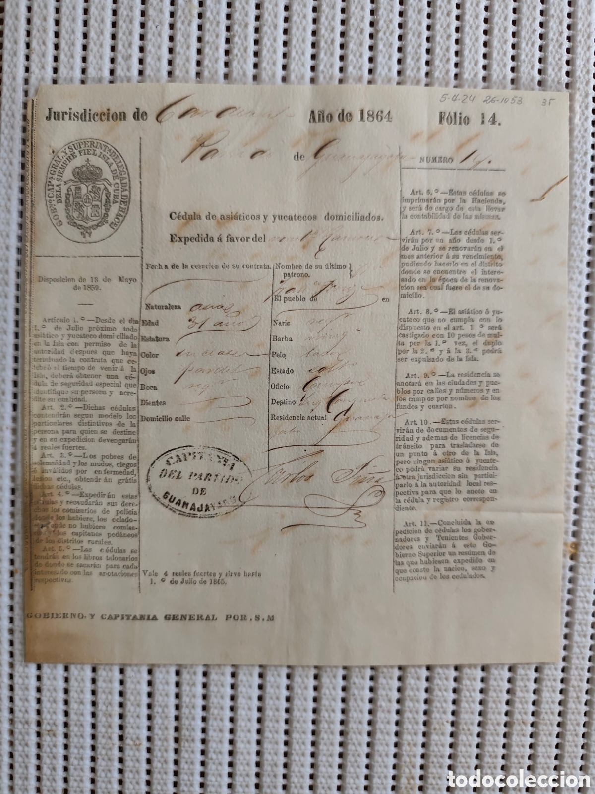 Documentos antiguos: 26-153 CEDULA DE ASI&Aacute;TICOS Y YUCATECOS DOMICILIADOS.