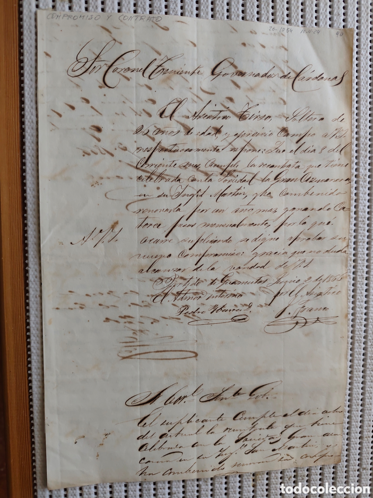 Documentos antiguos: 26-1054 COMPROMISO Y CONTRATO DEL ASI&Aacute;TICO Y LA GRAN AZUCARERA.