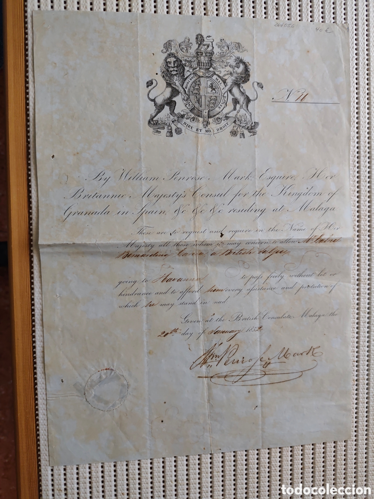 Documentos antiguos: 26-1056 PASAPORTE PARA VIAJAR A LA HABANA A M&ordf; ISABEL.