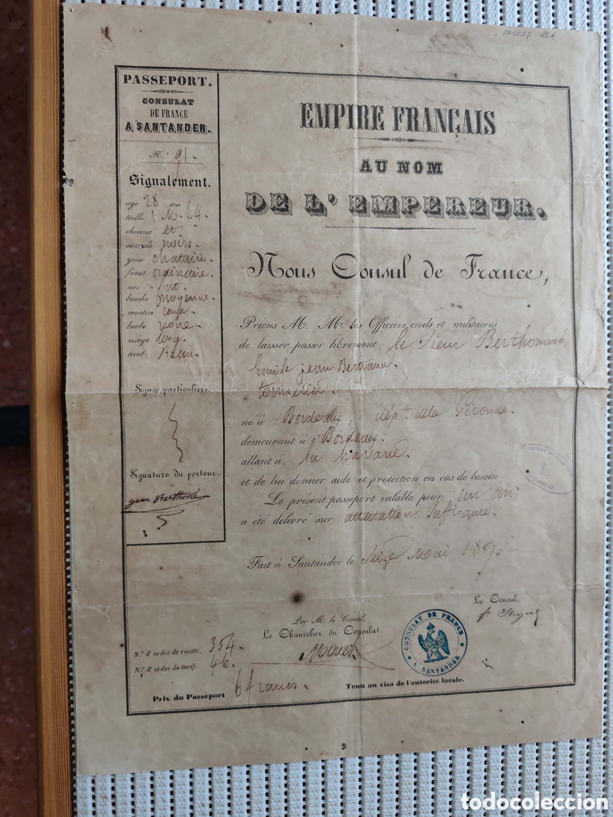 Documentos antiguos: 26-1057 PASAPORTE PARA VIAJAR A MATANZAS A D.EMILE.