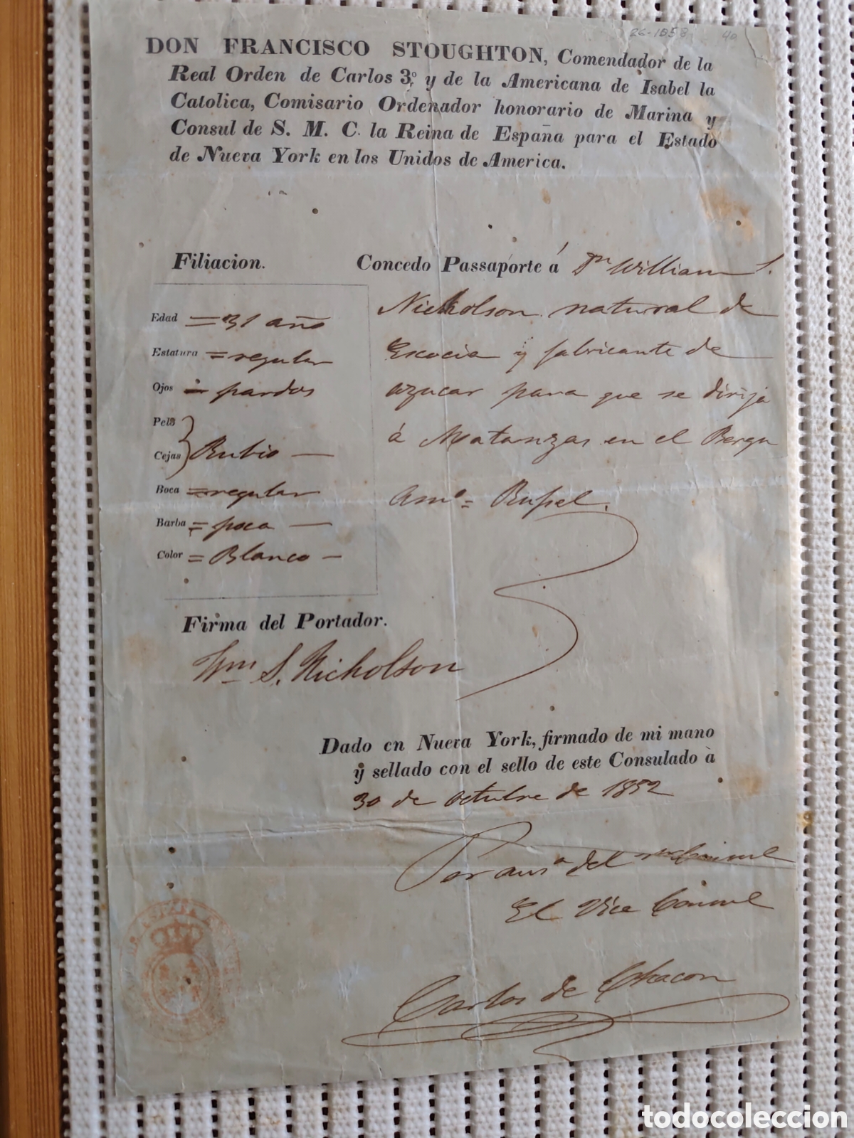 Documentos antiguos: 26-1058 CONCEDO PASAPORTE A D.WILLIAN NICKOLSON