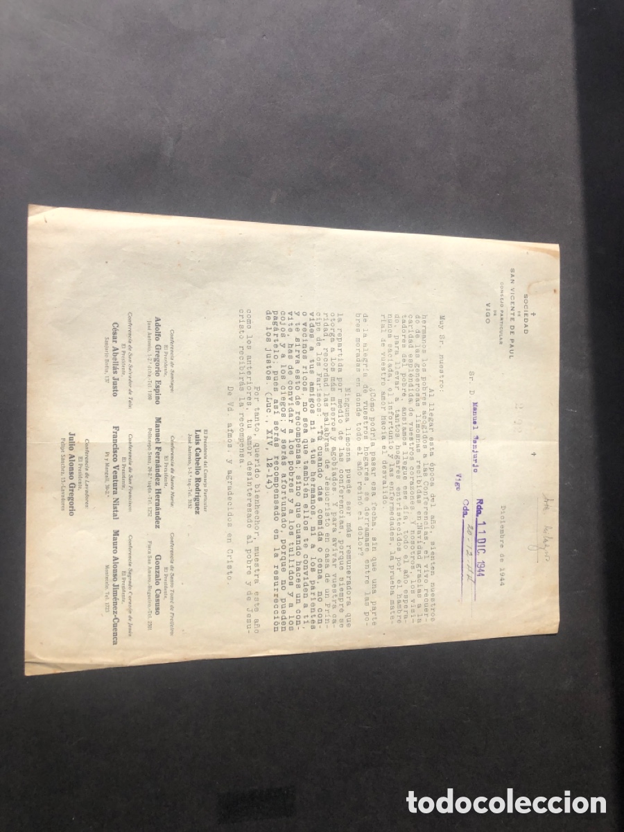 Documentos antiguos: Antigua carta SOCIEDAD de SAN VICENTE DE PAUL VIGO