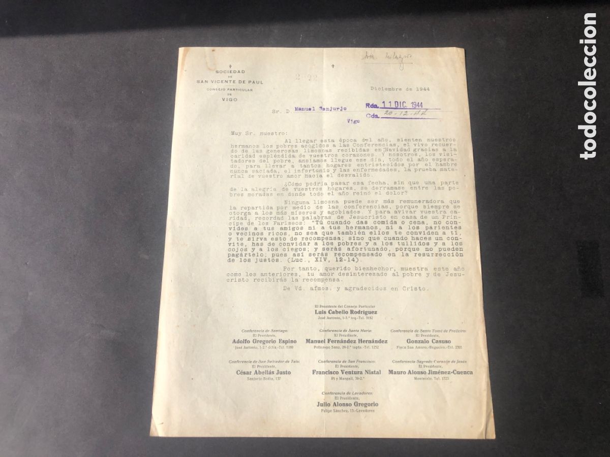 Documentos antiguos: Antigua carta SOCIEDAD de SAN VICENTE DE PAUL VIGO
