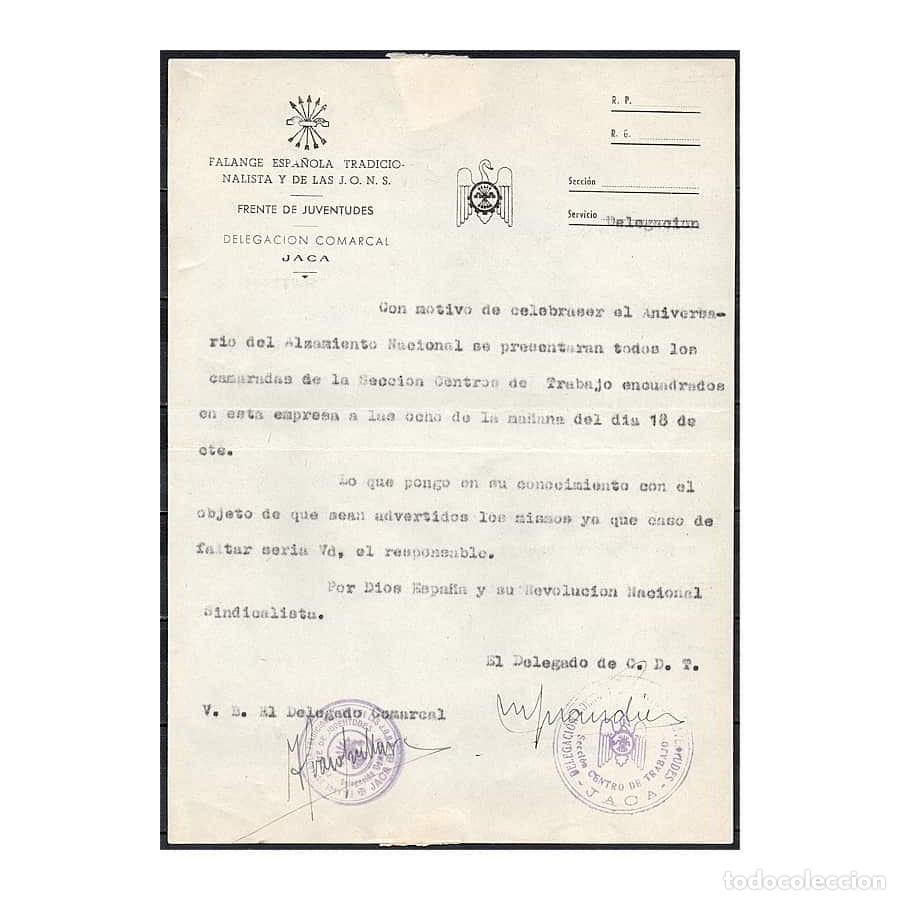 Documentos antiguos: Espa&ntilde;a 1951 [DOC] Frente de Juventudes. Carta celebraci&oacute;n 18 de Julio. Jaca (C)