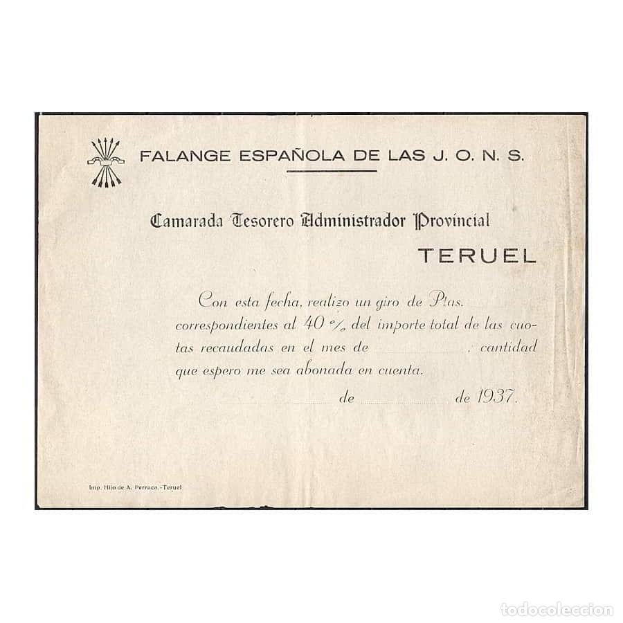 Documentos antiguos: Espa&ntilde;a 1937 [DOC] FE de las JONS. Huesca. Documento cuotas (N)