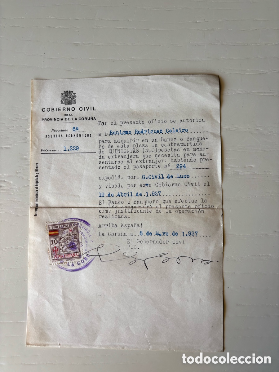 Documentos antiguos: Documento Gobierno Civil moneda extranjera 1937 Saludo a Franco Arriba Espa&ntilde;a