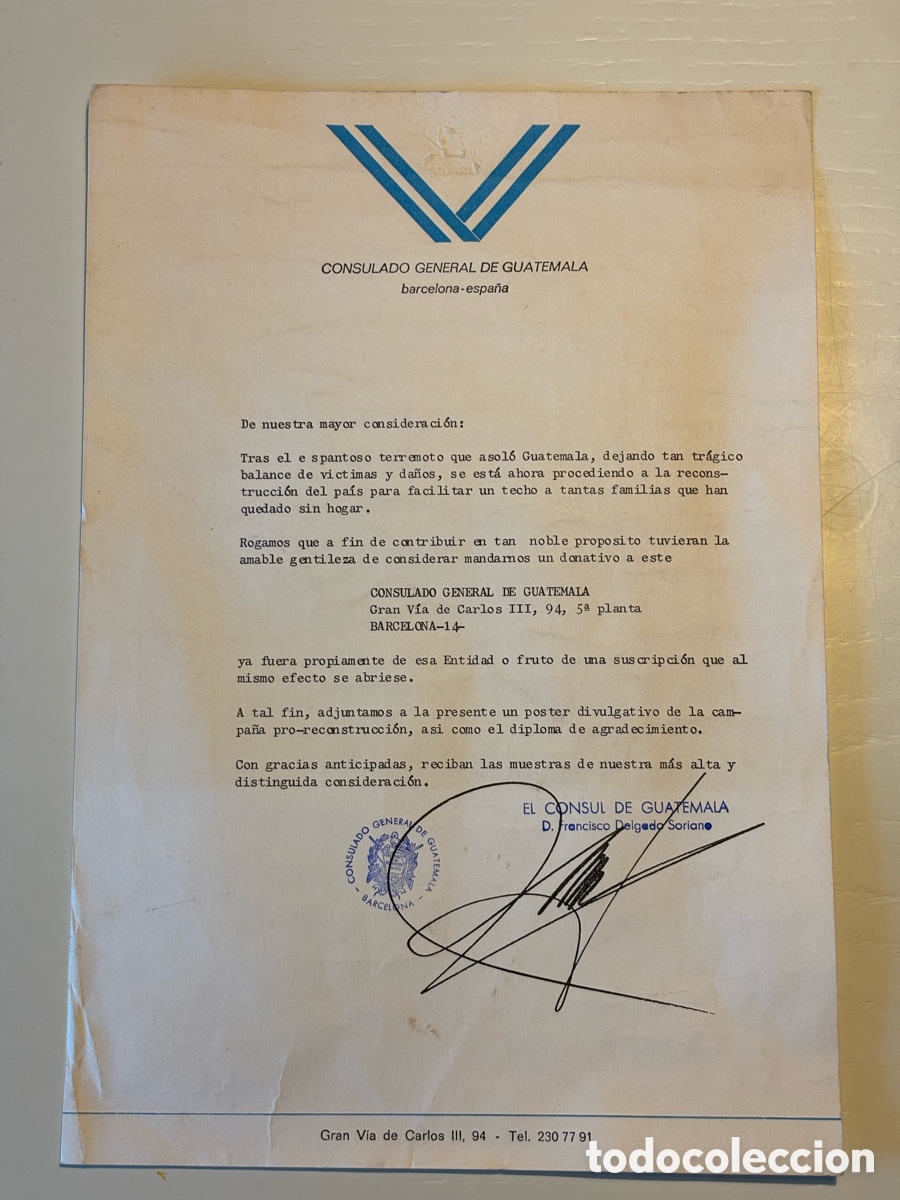 Documentos antigos: Carta C&oacute;nsul Guatemala contribuci&oacute;n terremoto