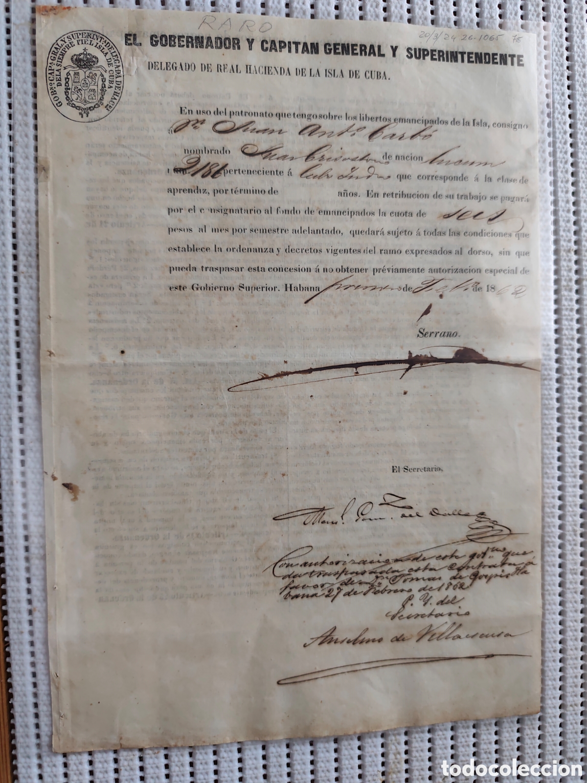 Documenti antichi: 26-1065 EL GOBERNADOR EN USO DEL PATRONATO, CONSIGNA 1 NEGRO.