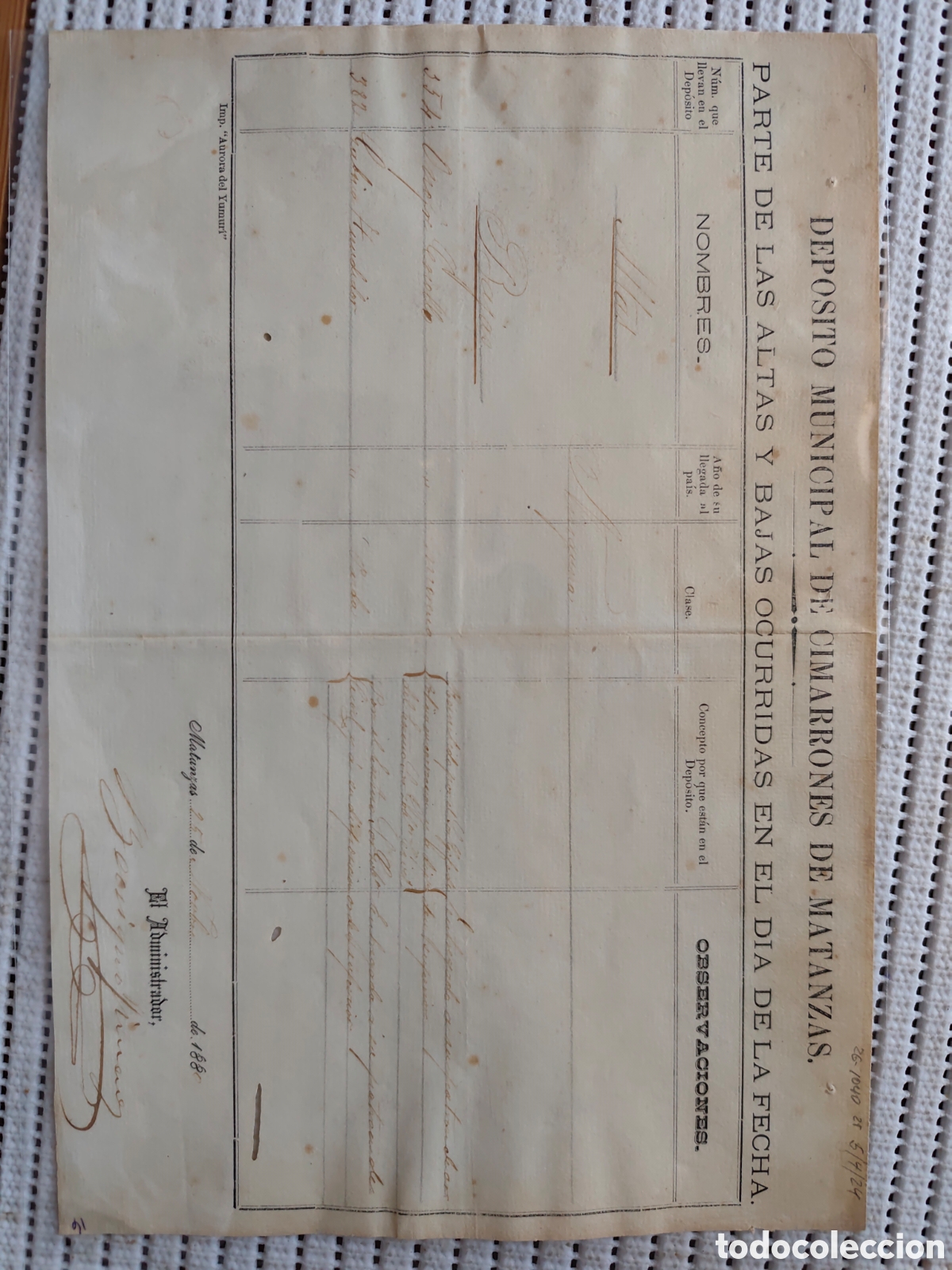 Documents Anciens: 26-1040 DEP&Oacute;SITO MUNICIPAL DE CIMARRONES DE MATANZAS,ALTAS-BAJAS.