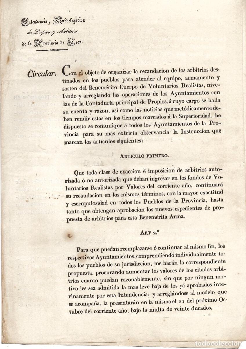 Documentos antiguos: INTENDENCIA LEON. INSTRUCCION PARA RECAUDACION DE ARBITRIOS PARA ARMAMENTO DE CUERPO DE REALISTAS
