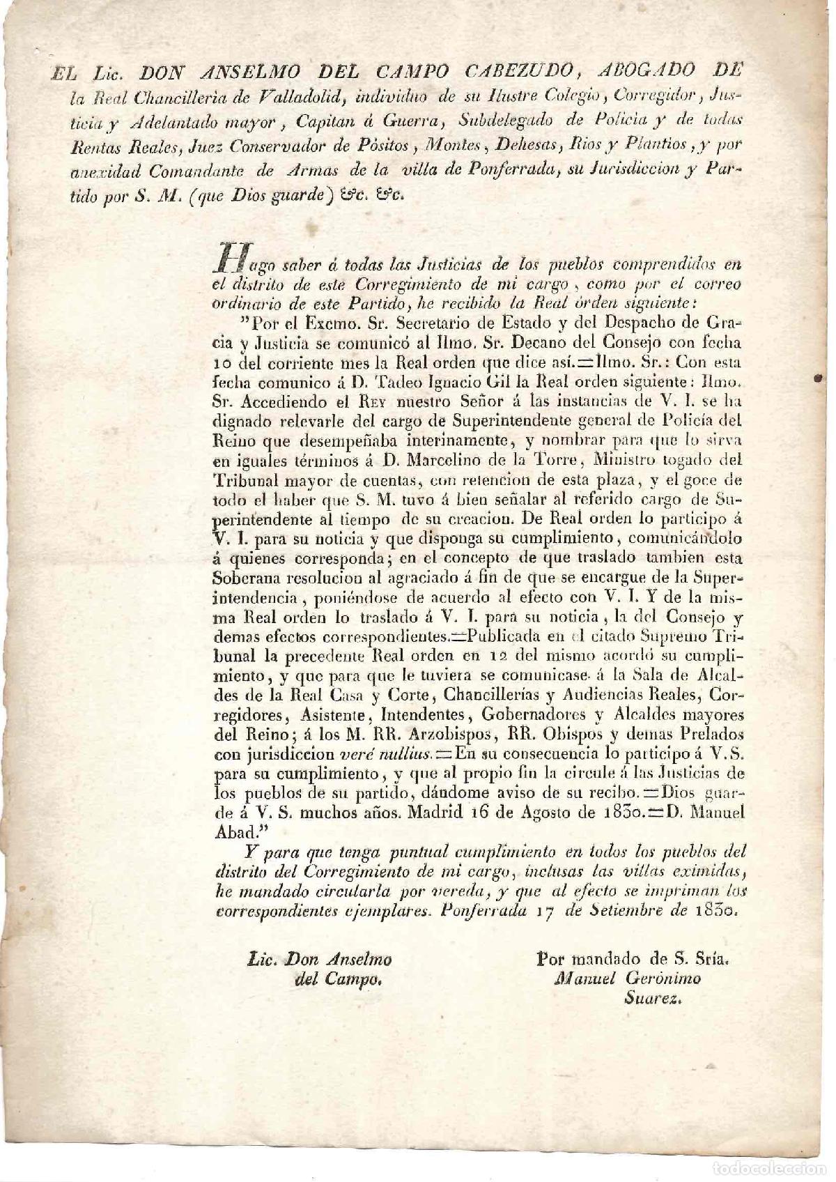 Documentos antiguos: PONFERRADA. NOMBRAMIENTO SUPERINTENDENTE GENERAL DE POLICIA A MARCELINO DE LA TORRE, 1830