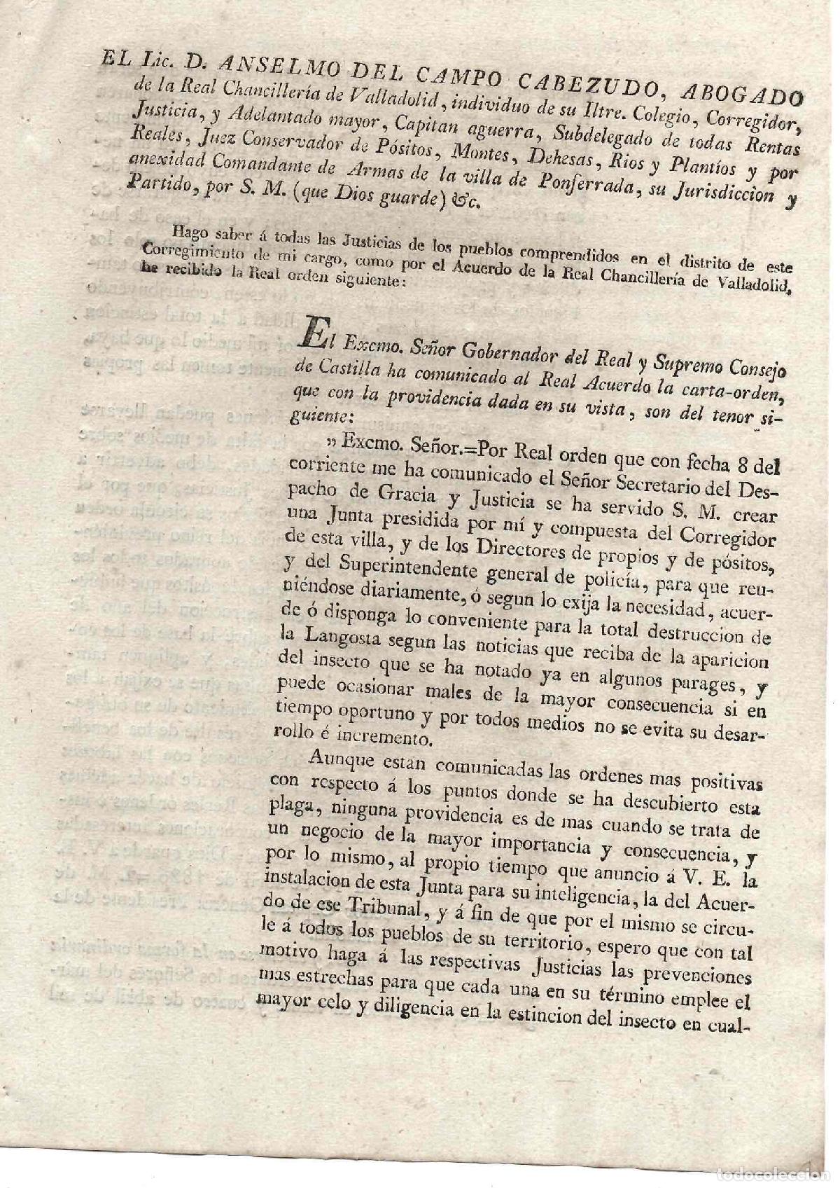 Documentos antiguos: PONFERRADA. REAL ACUERDO PARA LA TOMA DE MEDIDAS PARA LA TOTAL DESTRUCCION DE LA LANGOSTA
