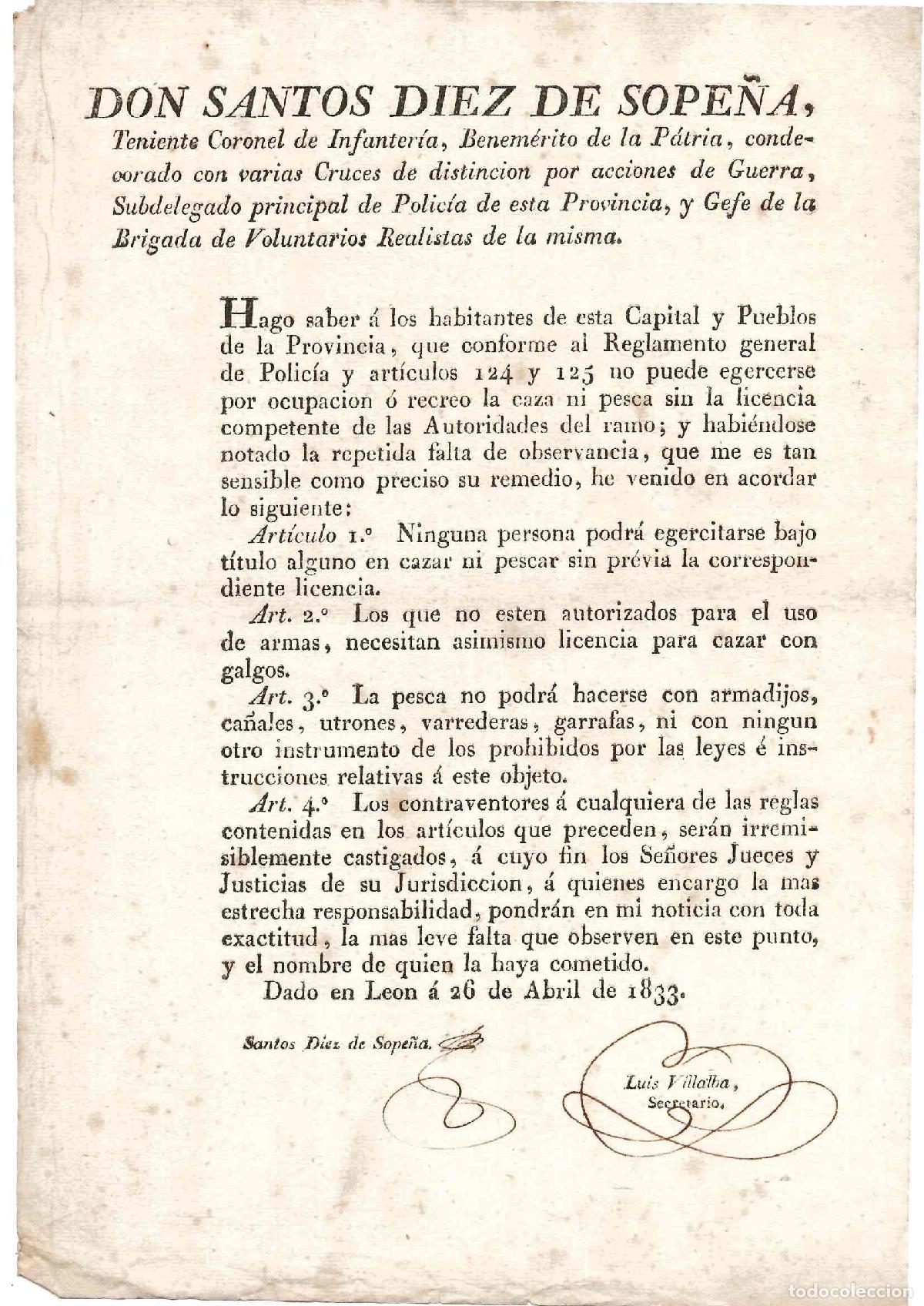Documentos antiguos: BRIGADA VOLUNTARIOS REALISTAS LEON. ORDEN PROHIBIENDO CAZA Y PESCA SIN LICENCIA, 1833