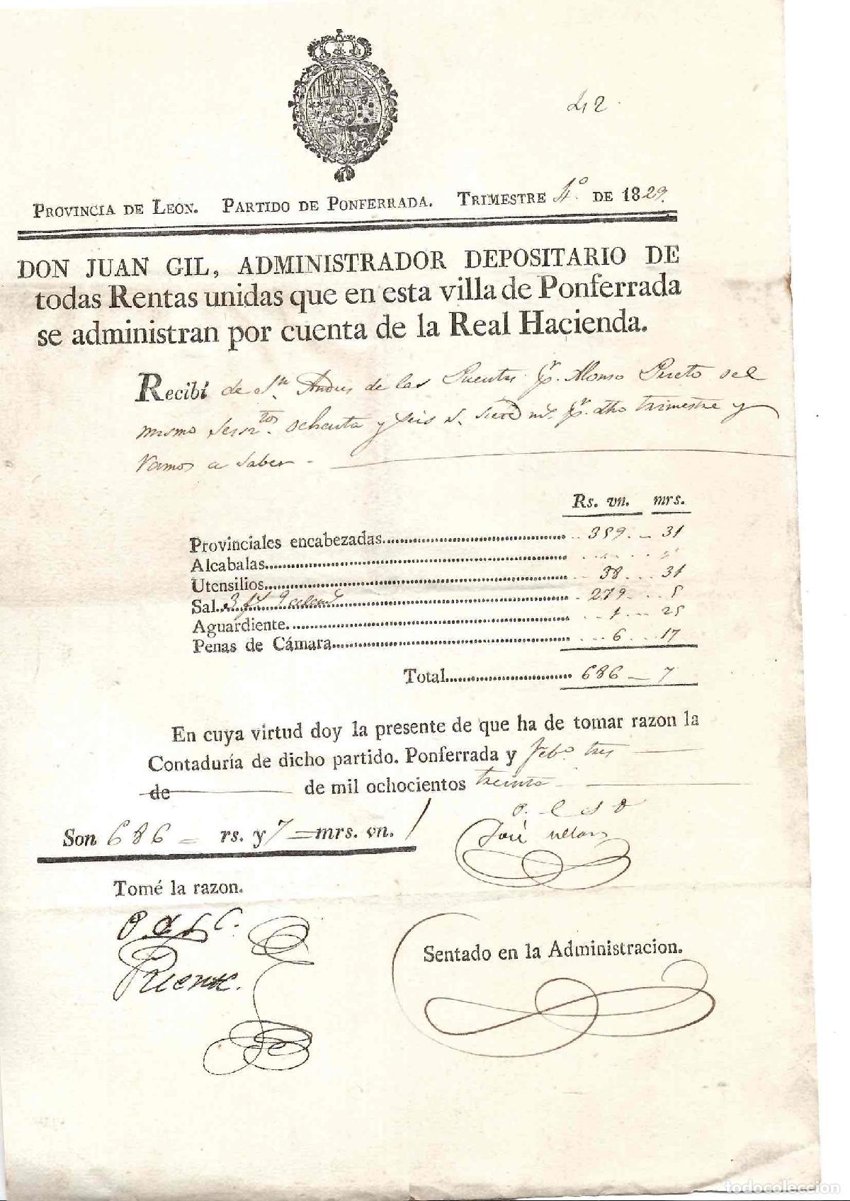 Documentos antiguos: REBICO RENTAS SAN ANDRES DE LAS PUENTES. LEON. ALCABALAS, UTENSILIOS, AGUARDIENTE... 1830