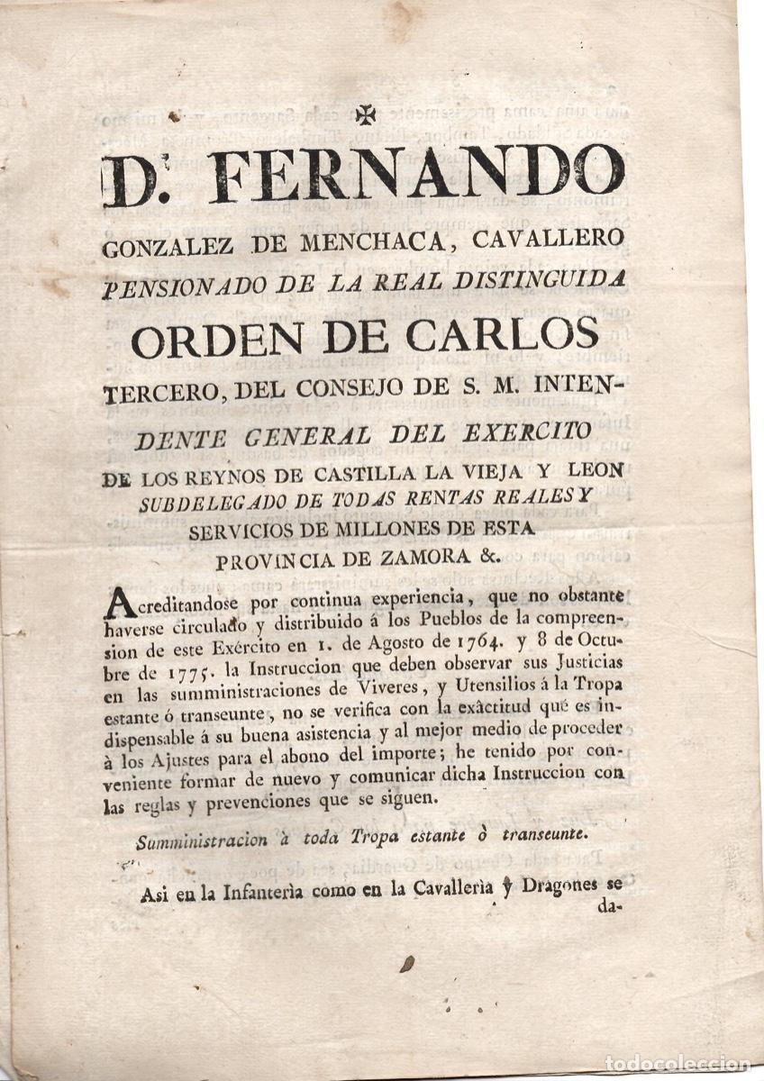 Documentos antiguos: ZAMORA. INSTRUCCION CON REGLAS Y PREVENCIONES DE VIVERES Y UTENSILIOS A A TROPA ESTANTE O TRANSEUNTE