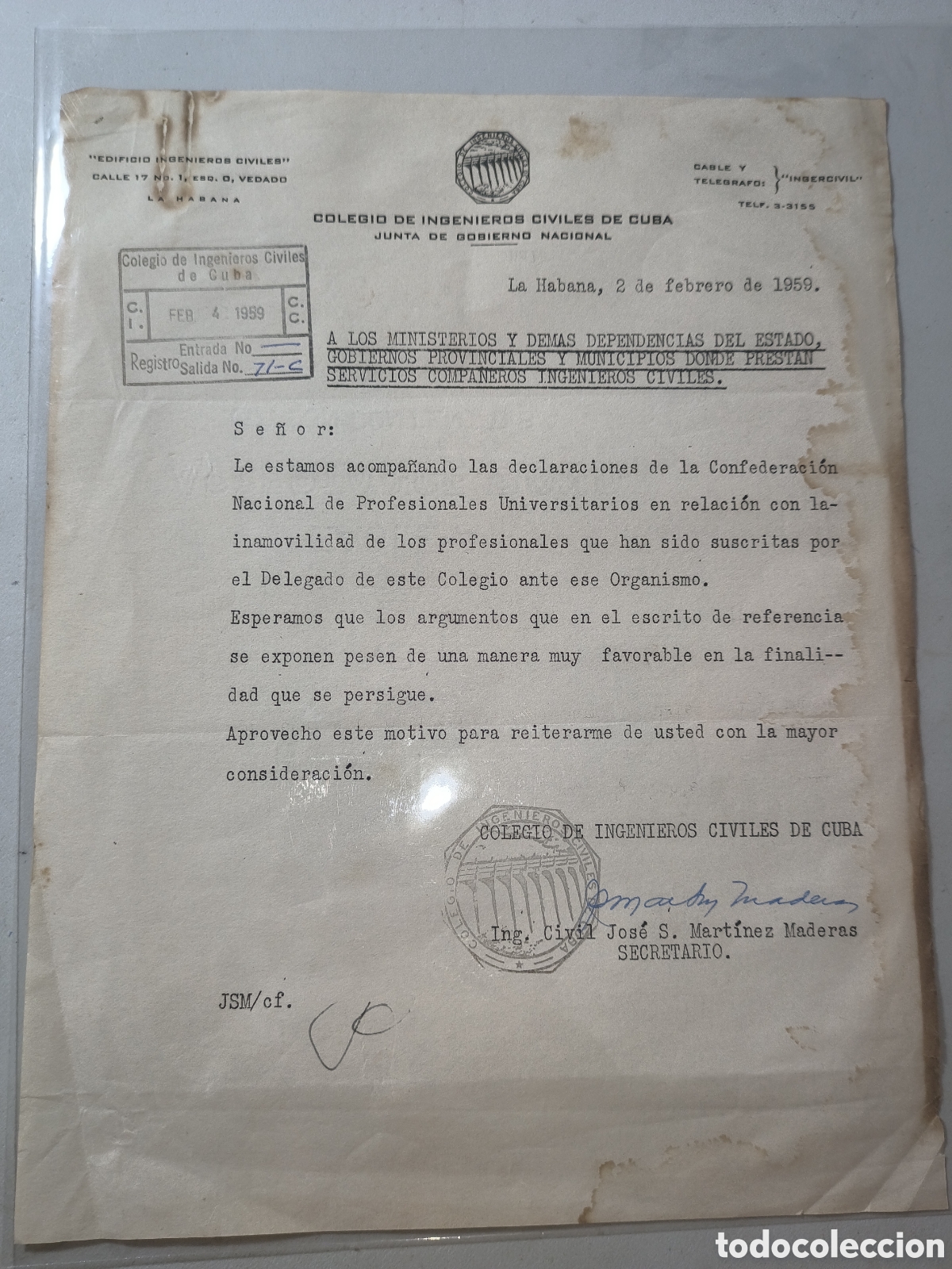 Documentos antiguos: Cuba, documento colegio ingenieros civiles de cuba,a&ntilde;o 1959