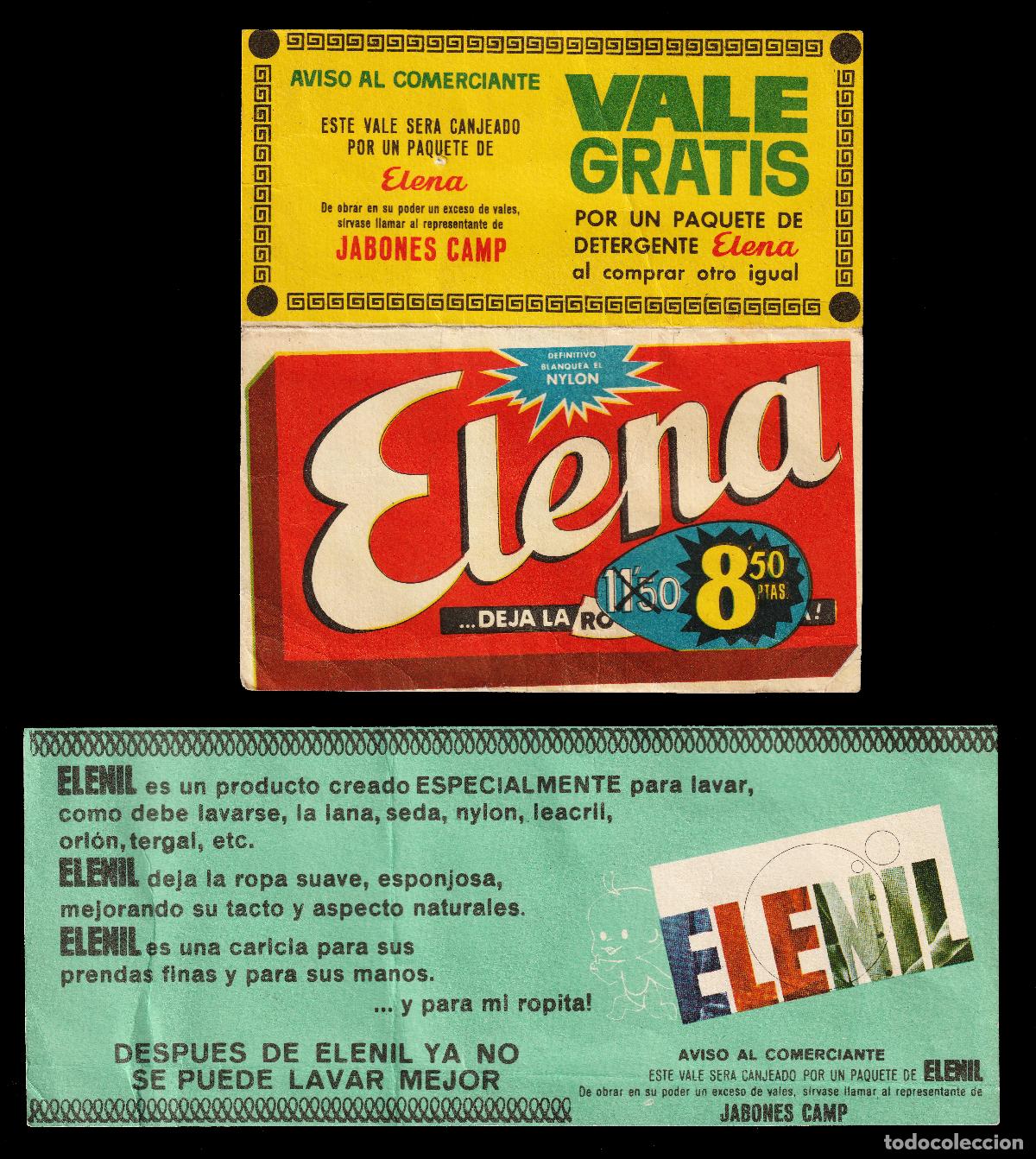 Documentos antiguos: *** LOTE X 2 VALES DE DETERGENTE ELENA Y ELENIL. A&Ntilde;OS 80? ***