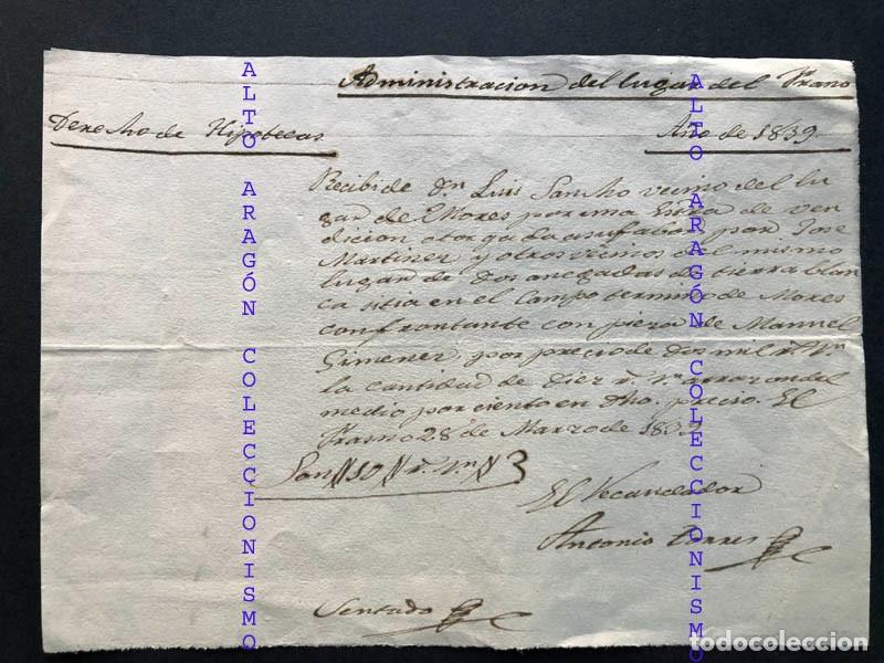 Documentos antiguos: DOCUMENTO A&Ntilde;O 1839 / ADMINISTRACI&Oacute;N DEL LUGAR DE EL FRASNO ( ZARAGOZA )