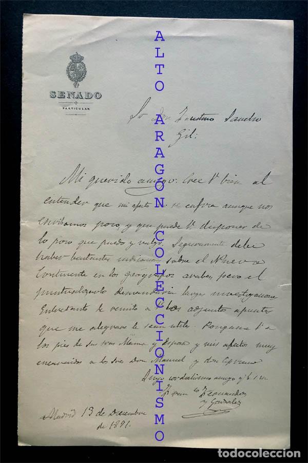 Documentos antiguos: CARTA 1891 / FCO. FERN&Aacute;DEZ Y GONZALEZ ( MADRID) FAUSTINO SANCHO Y GIL (pol&iacute;tico y escritor) ZARAGOZA