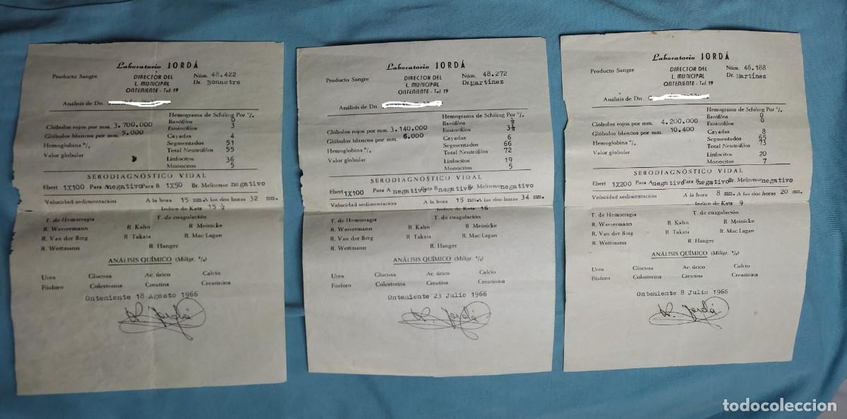 Documentos antiguos: 3 analisis de sangre Laboratorio Jorda - Onteniente - 1966