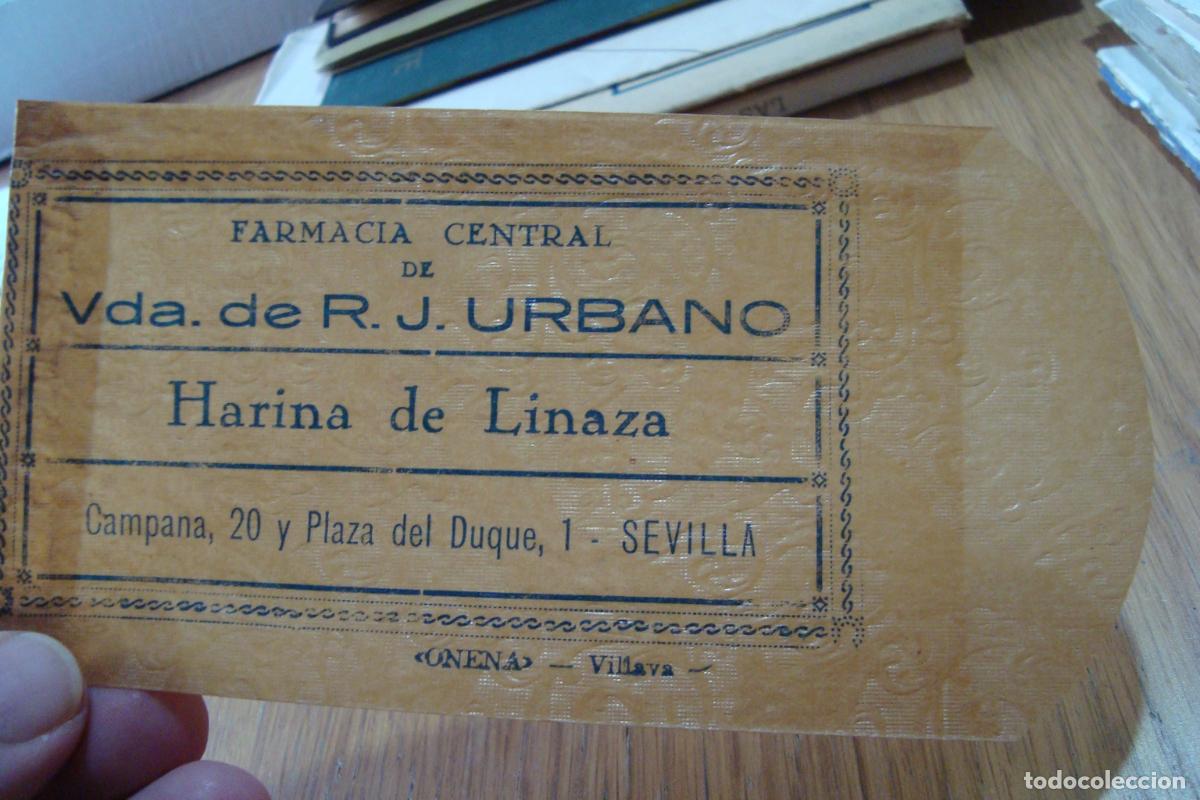 Documentos antiguos: ANTIGUO SOBRE COMERCIAL FARMACIA CENTRAL. VDA DE R.J. URBANO. HARINA DE LINAZA. PLAZA DUQUE SEVILLA