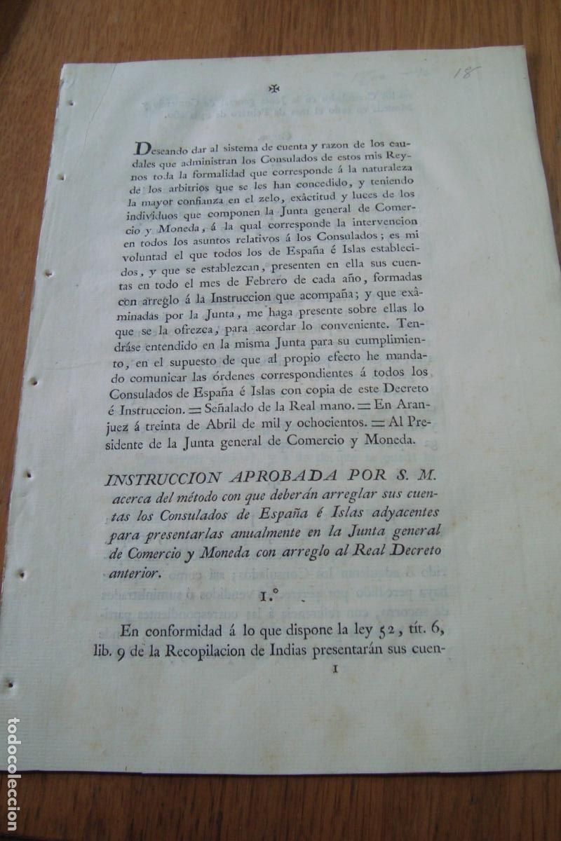Documentos antiguos: REAL DECRETO S.M A JUNTA DE COMERCIO Y MONEDA. CONSULADOS ESPA&Ntilde;A E ISLAS. ARANJUEZ 1800