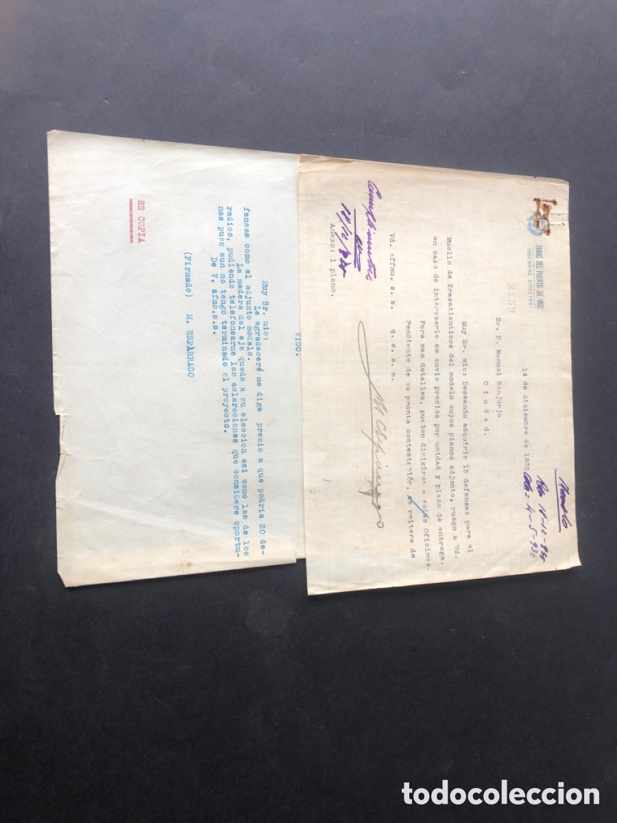 Documentos antiguos: Cartas OBRAS DEL PUERTO DE VIGO dirigida a MANUEL SANJUJO