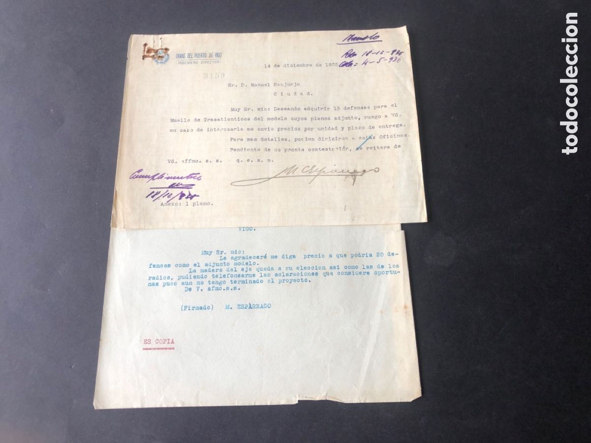 Documents Anciens: Cartas OBRAS DEL PUERTO DE VIGO dirigida a MANUEL SANJURJO