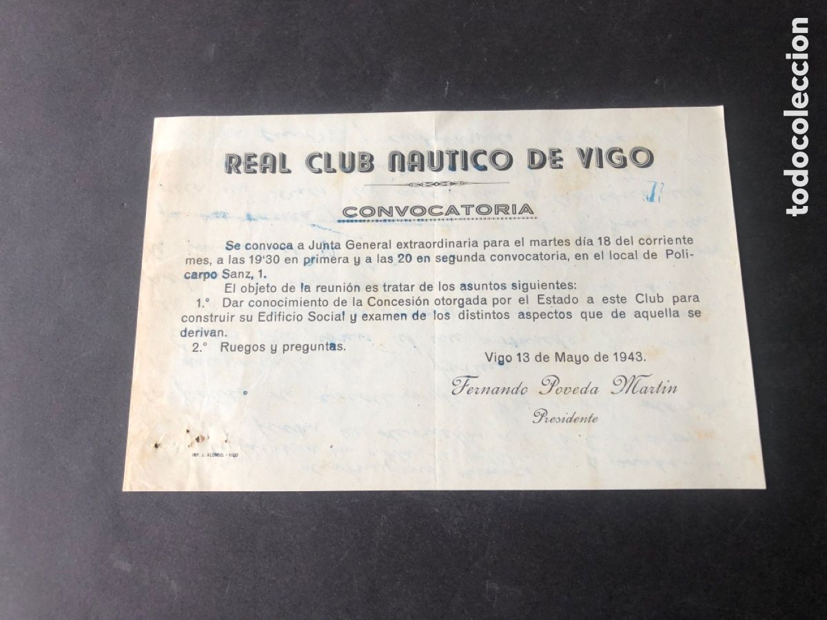 Documents Anciens: Carta convocatoria REAL CLUB NAUTICO DE VIGO